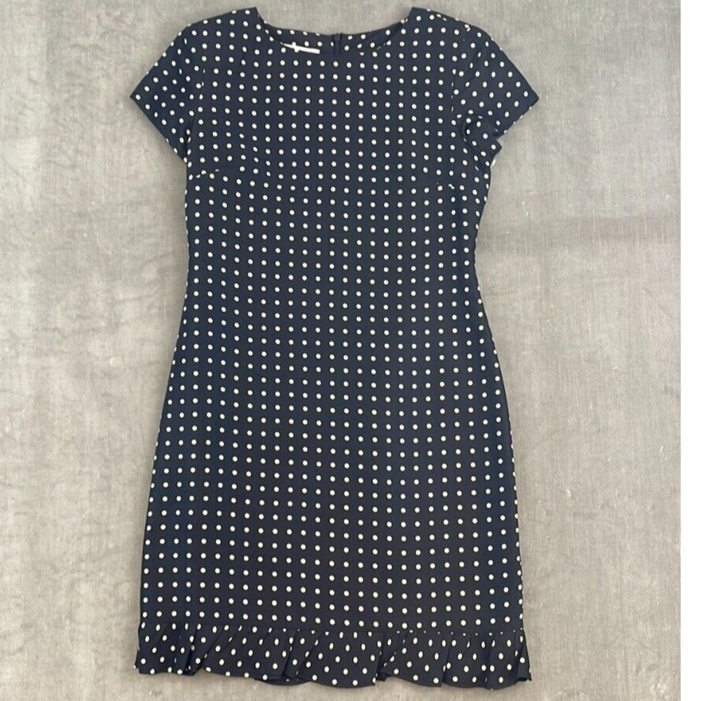Pure & Simple Womens Size 6 Navy Blue‎ Polka Dot 100% Silk Ruffle Hem Mini Dress
